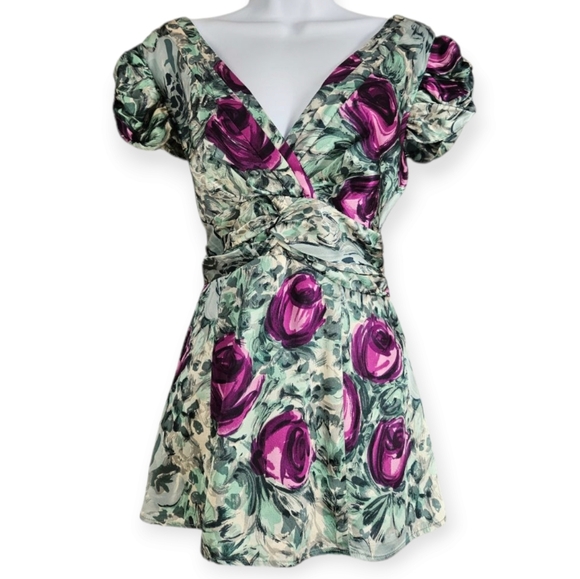 Nanette Lepore Tops - Nanette Lepore green white purple floral silk blouse top Womens 8